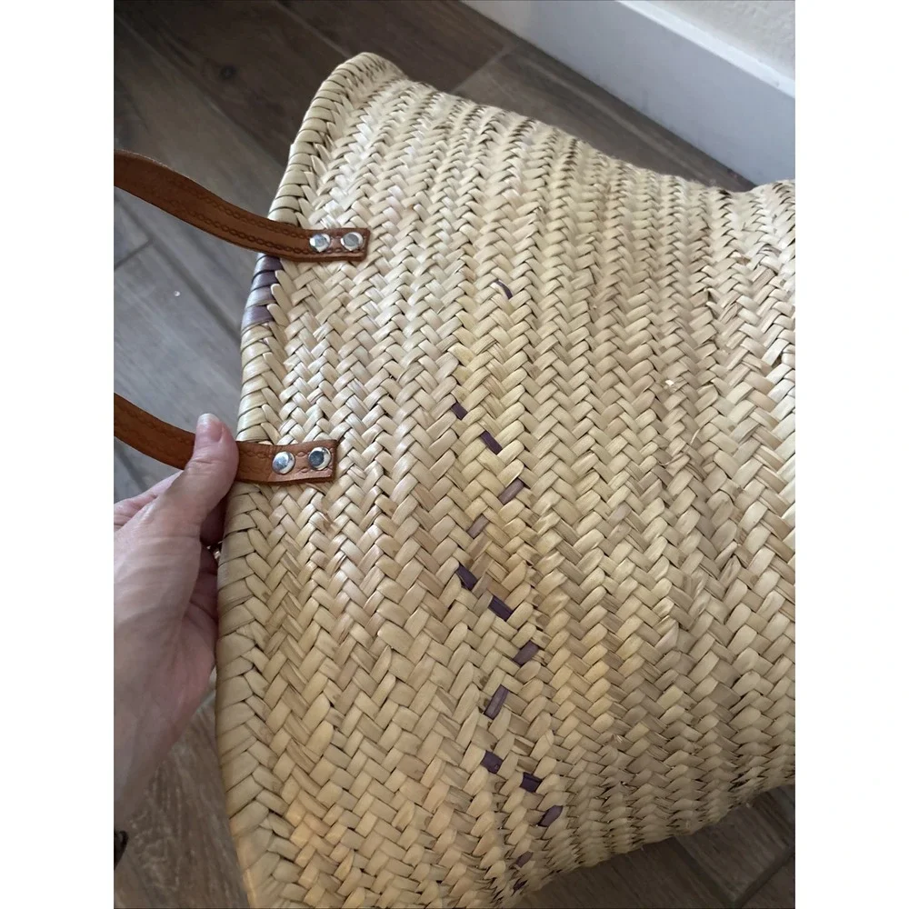 Handmade Woven Straw Market Basket with Brown Leather Handles Beach Shopping
